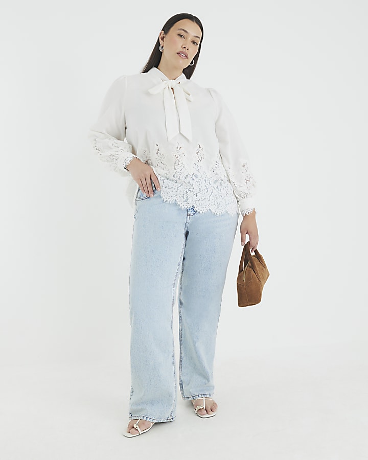 White long sleeve lace trim pussybow blouse
