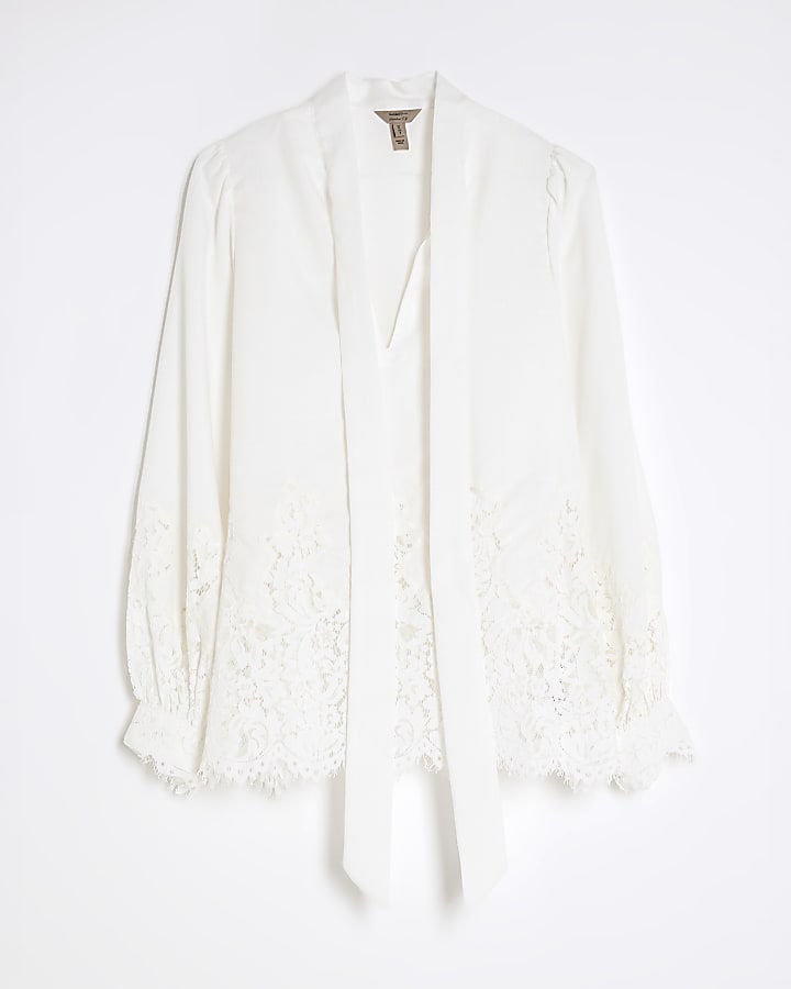 White long sleeve lace trim pussybow blouse