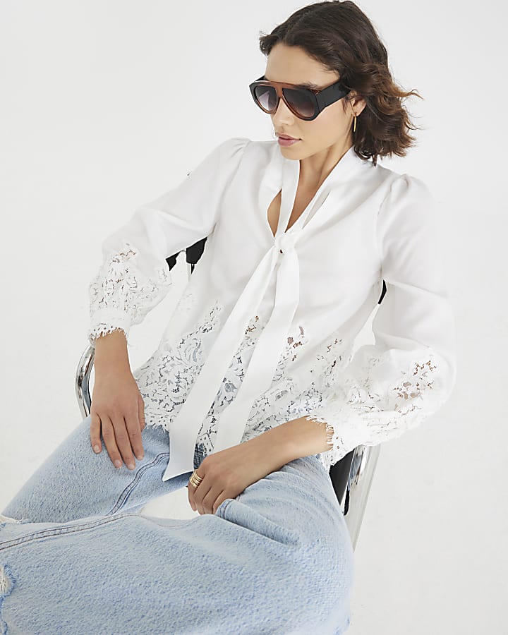 White long sleeve lace trim pussybow blouse