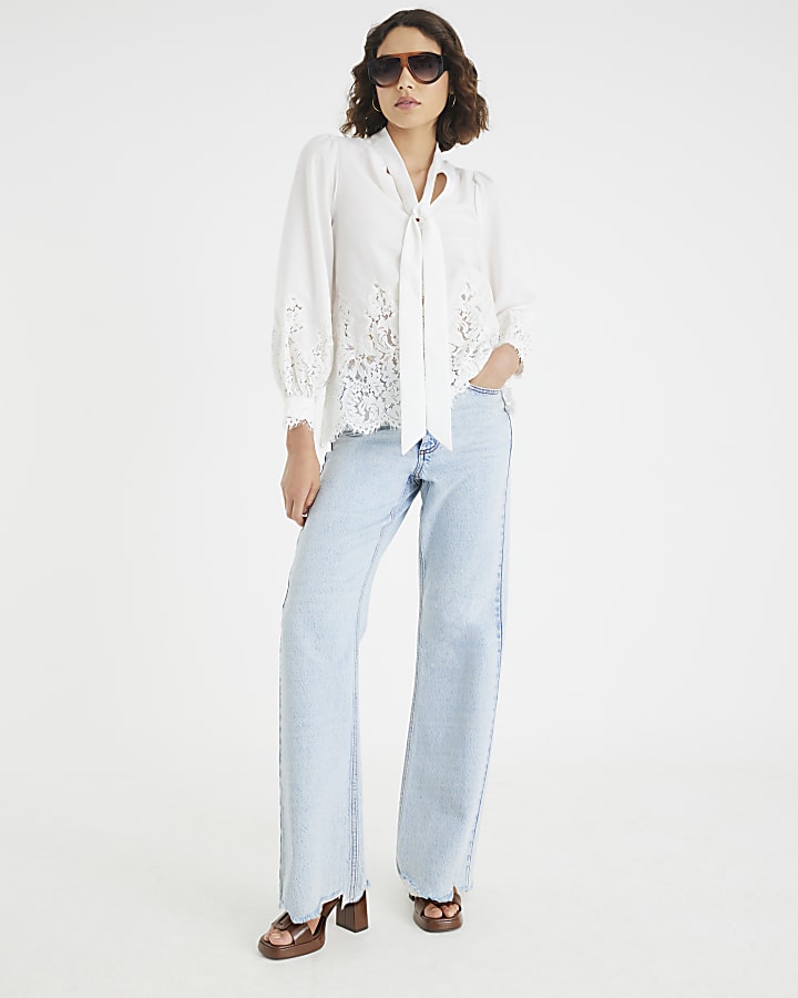 White long sleeve lace trim pussybow blouse