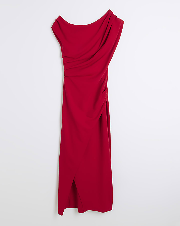 Red Scuba Asymmetric Drape Wrap Midi Dress