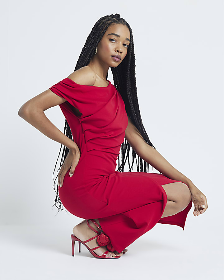 Red Scuba Asymmetric Drape Wrap Midi Dress