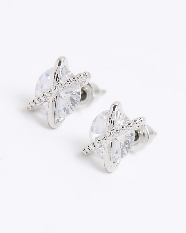 Silver Cubic Zirconia Cross Stud Earrings