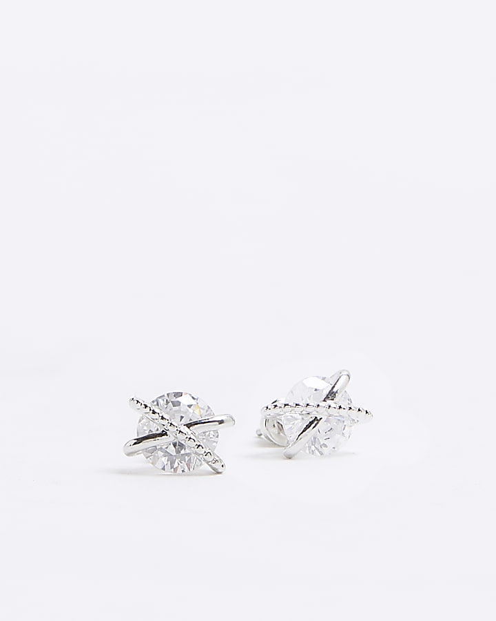 Silver Cubic Zirconia Cross Stud Earrings