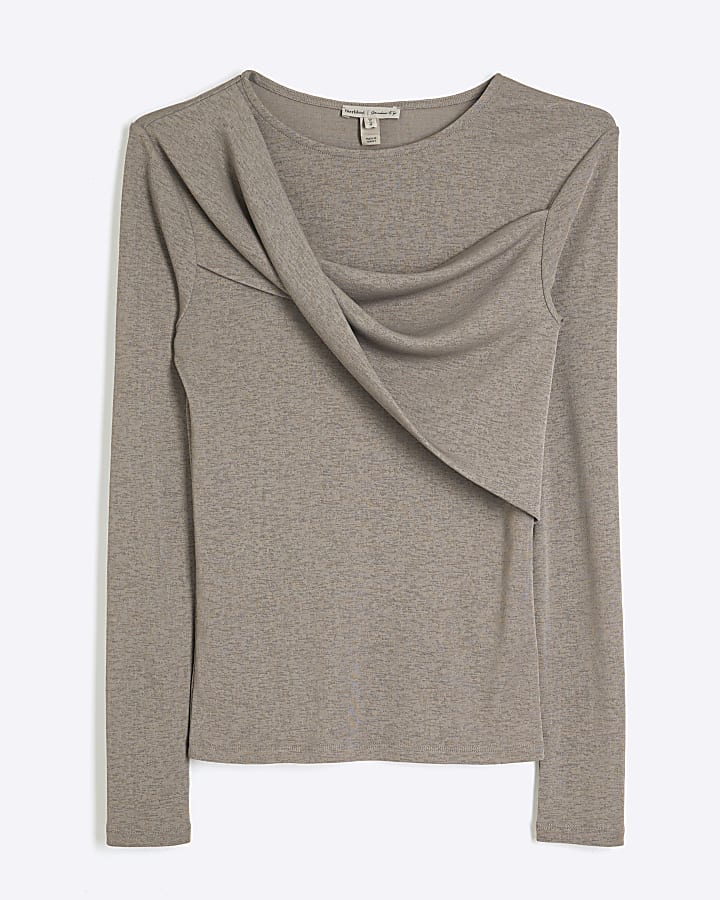 Grey Mesh Long Sleeve Twist Top