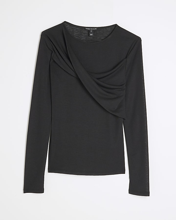 Black Mesh Long Sleeve Twist Top