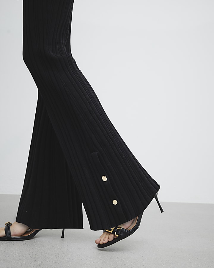 Black Button Detail Flared Trousers