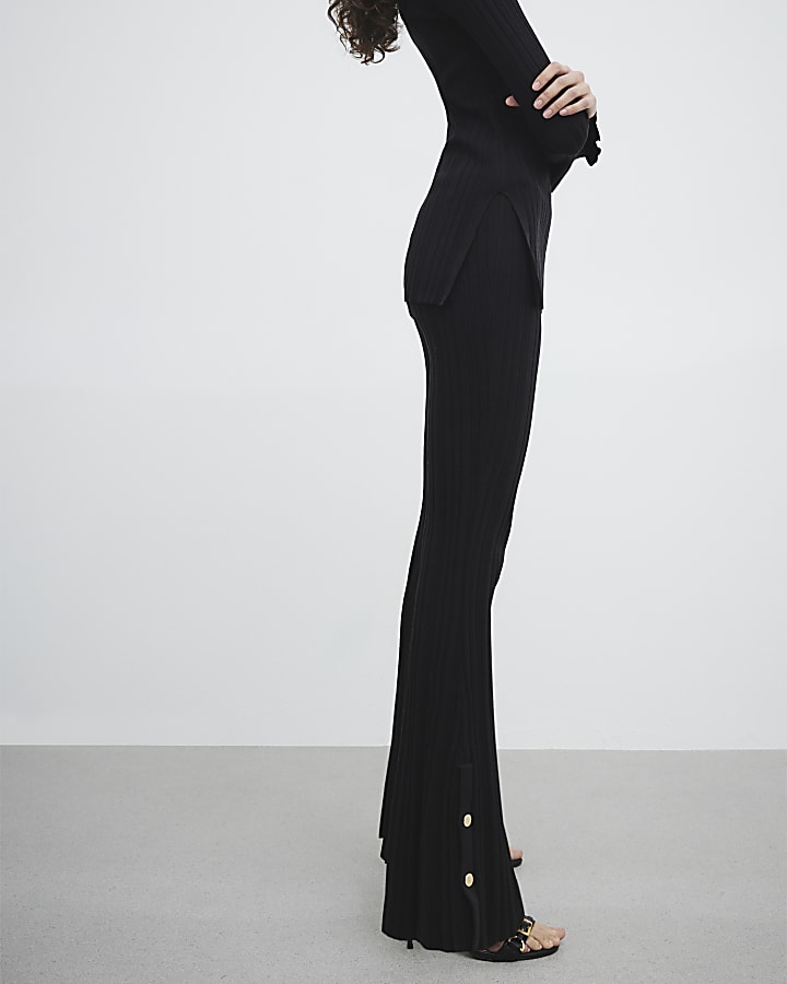 Black Button Detail Flared Trousers