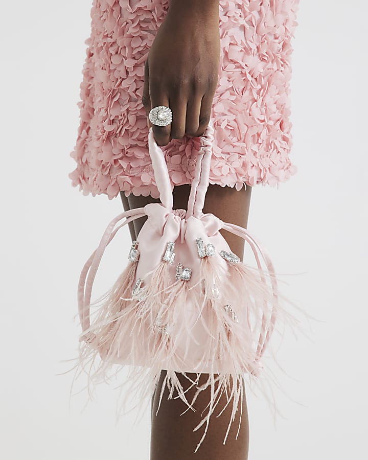 Pink Feather Embellished Clutch Bag