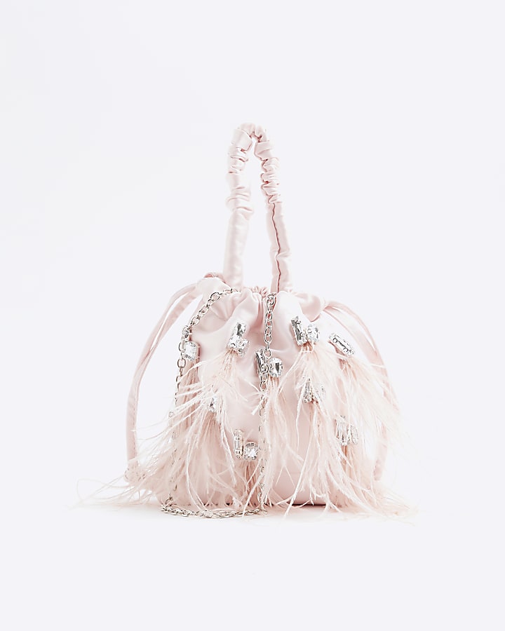 Pink Feather Embellished Clutch Bag