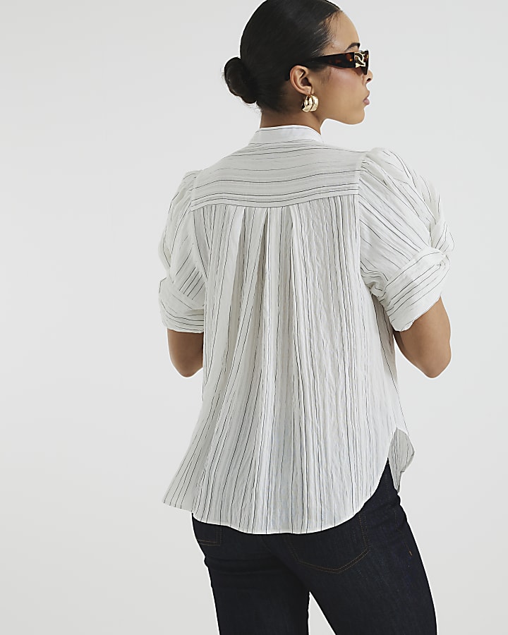 White Short Sleeve Stripe Pleated Blouse