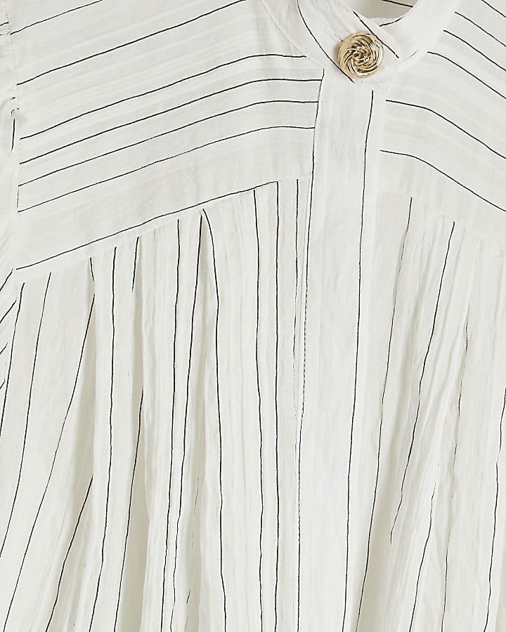 White Short Sleeve Stripe Pleated Blouse