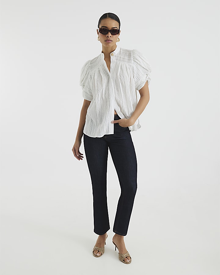 White Short Sleeve Stripe Pleated Blouse