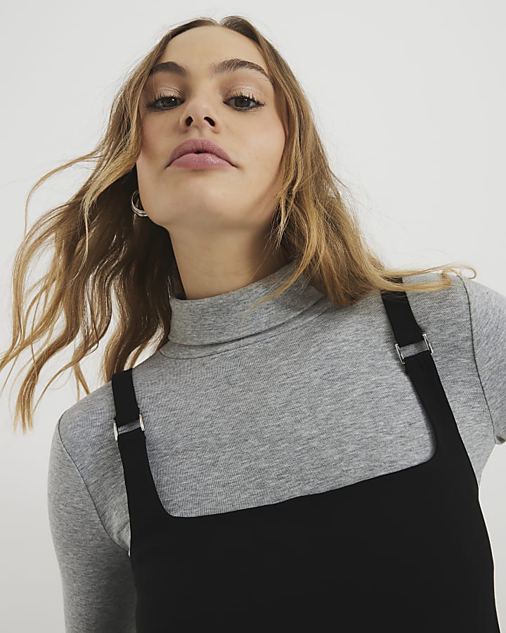 Black Square Neck Pinafore Mini Dress
