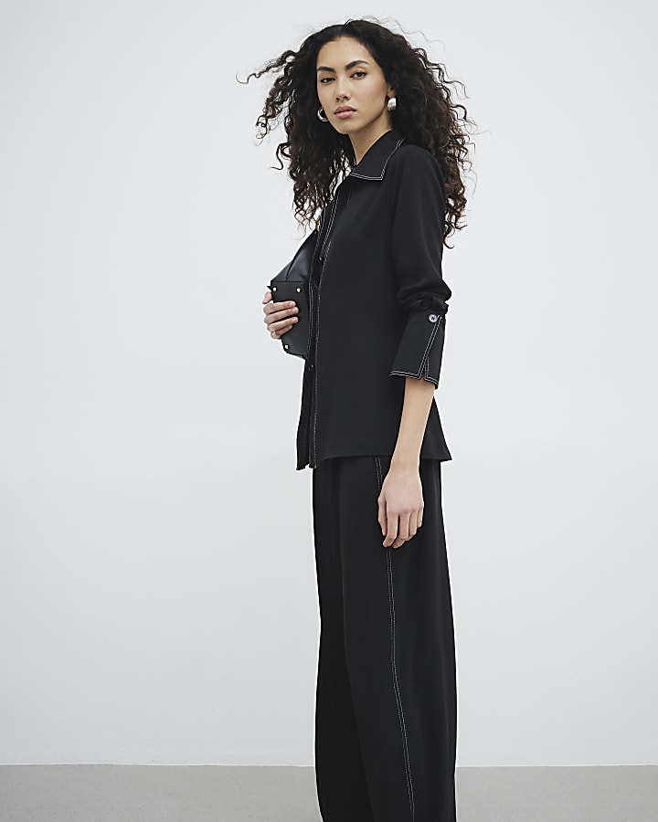 Black Contrast Stitch Wide Leg Trousers