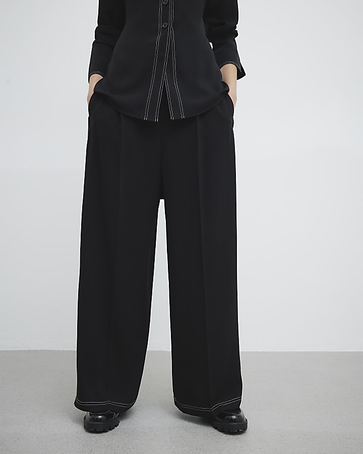 Black Contrast Stitch Wide Leg Trousers