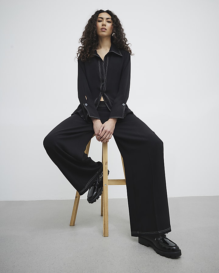 Black Contrast Stitch Wide Leg Trousers