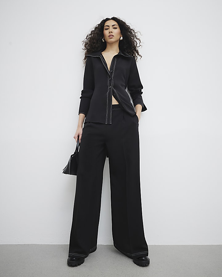 Black Contrast Stitch Wide Leg Trousers