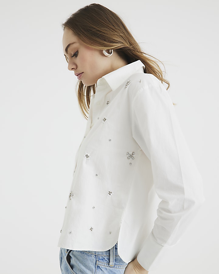 White Diamante Detail Poplin Shirt