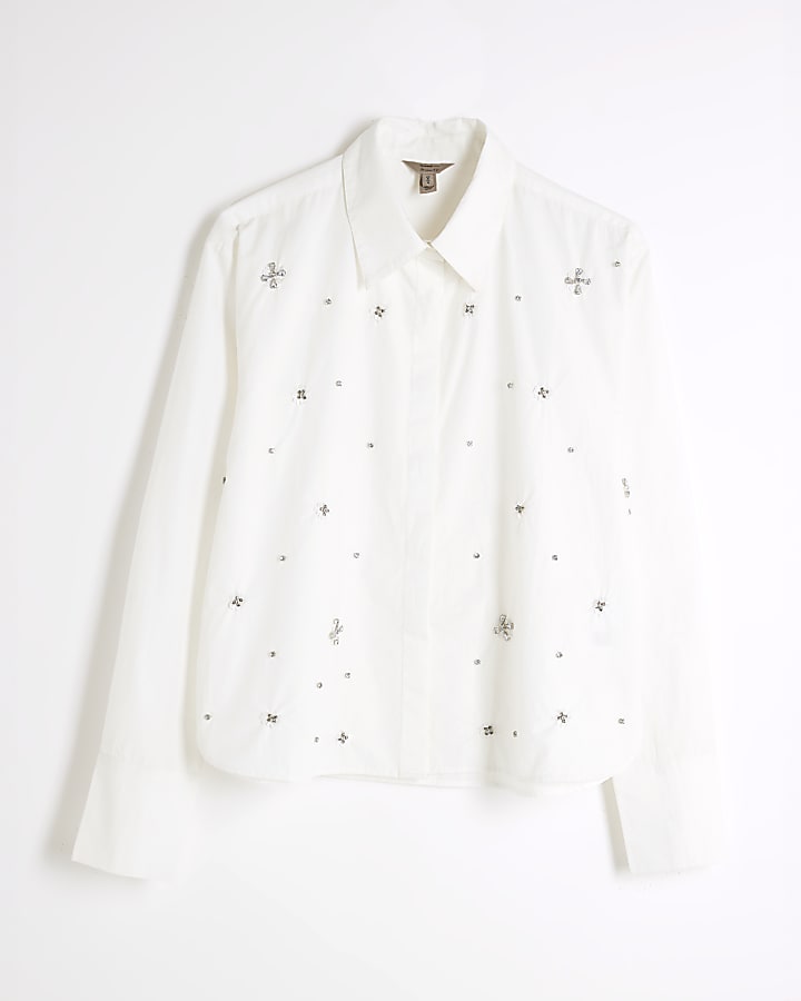 White Diamante Detail Poplin Shirt