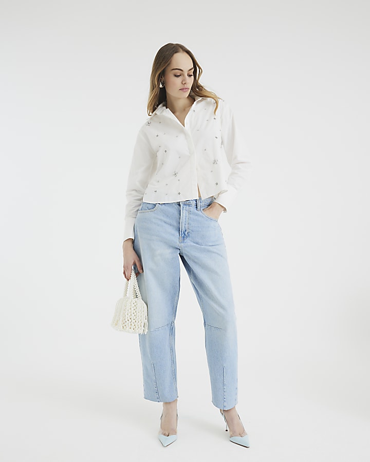 White Diamante Detail Poplin Shirt