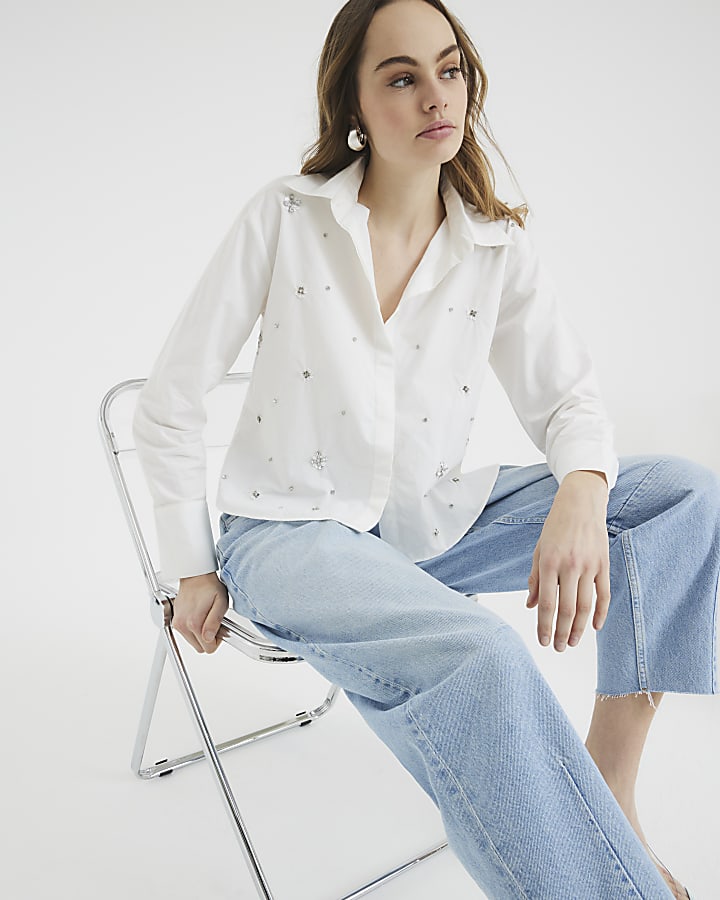 White Diamante Detail Poplin Shirt