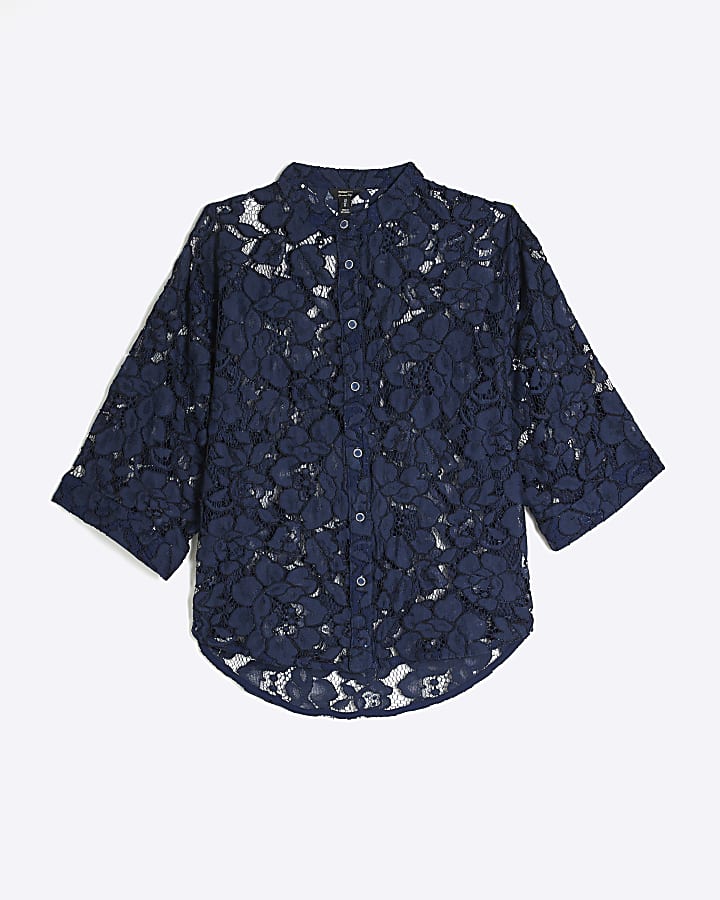 Navy Short Sleeve Lace Shirt