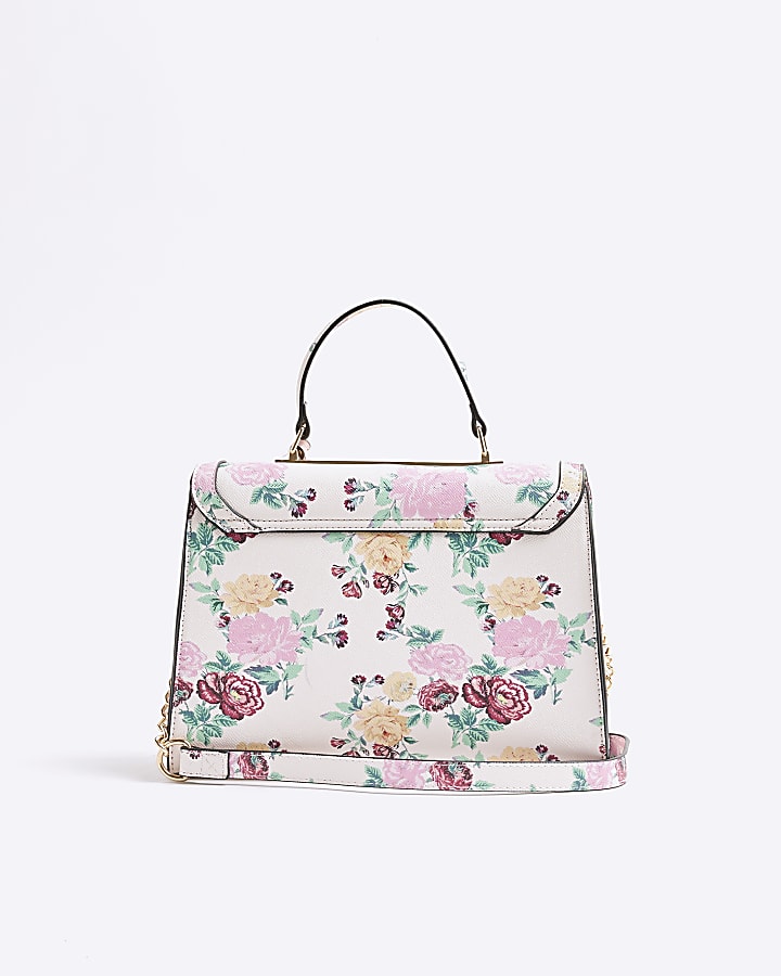 Cream Faux Leather Floral Charm Bundle Bag