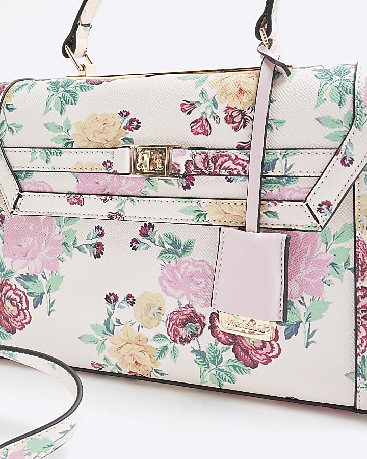 Cream Faux Leather Floral Charm Bundle Bag