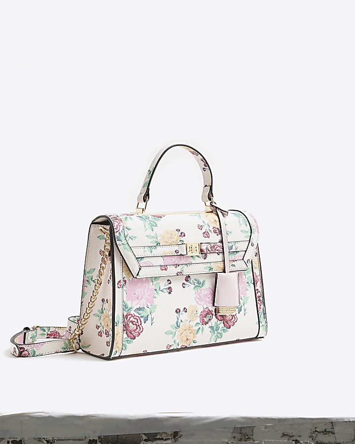 Cream Faux Leather Floral Charm Bundle Bag