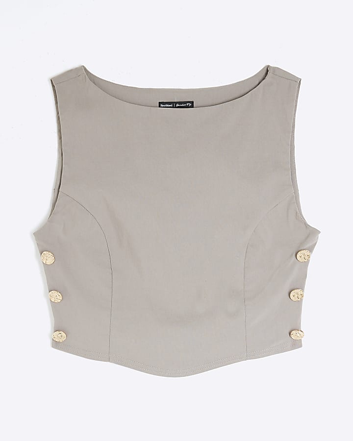 Brown Sleeveless Button Cropped Top