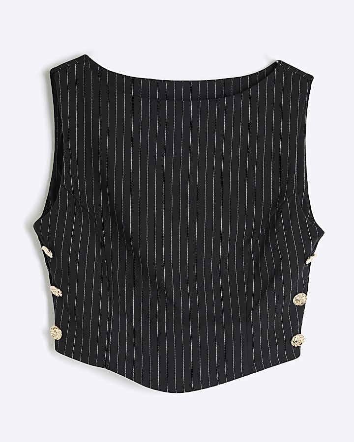 Black Pinstripe Sleeveless Button Cropped Top