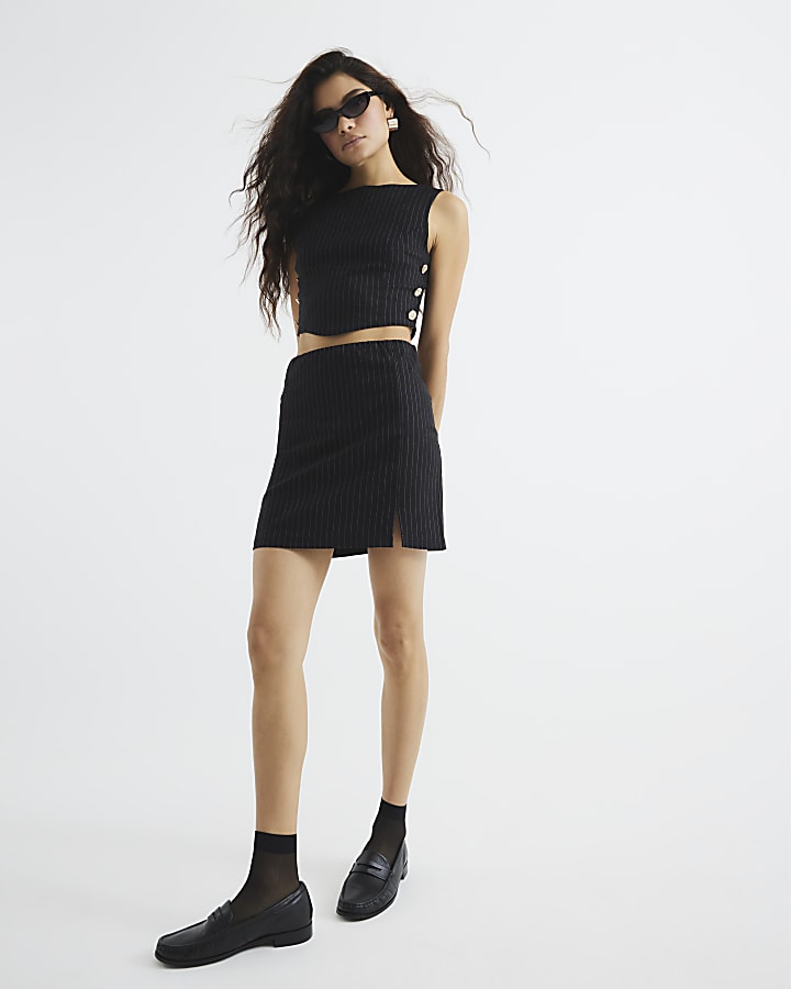 Black Pinstripe Sleeveless Button Cropped Top