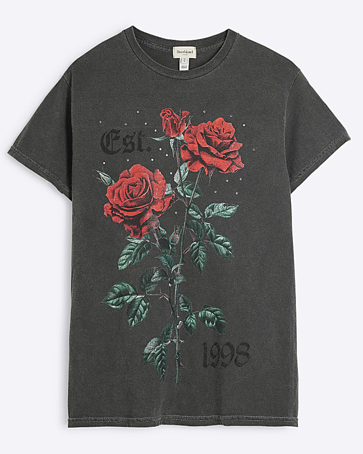 Grey Rock Rose Studded T-Shirt