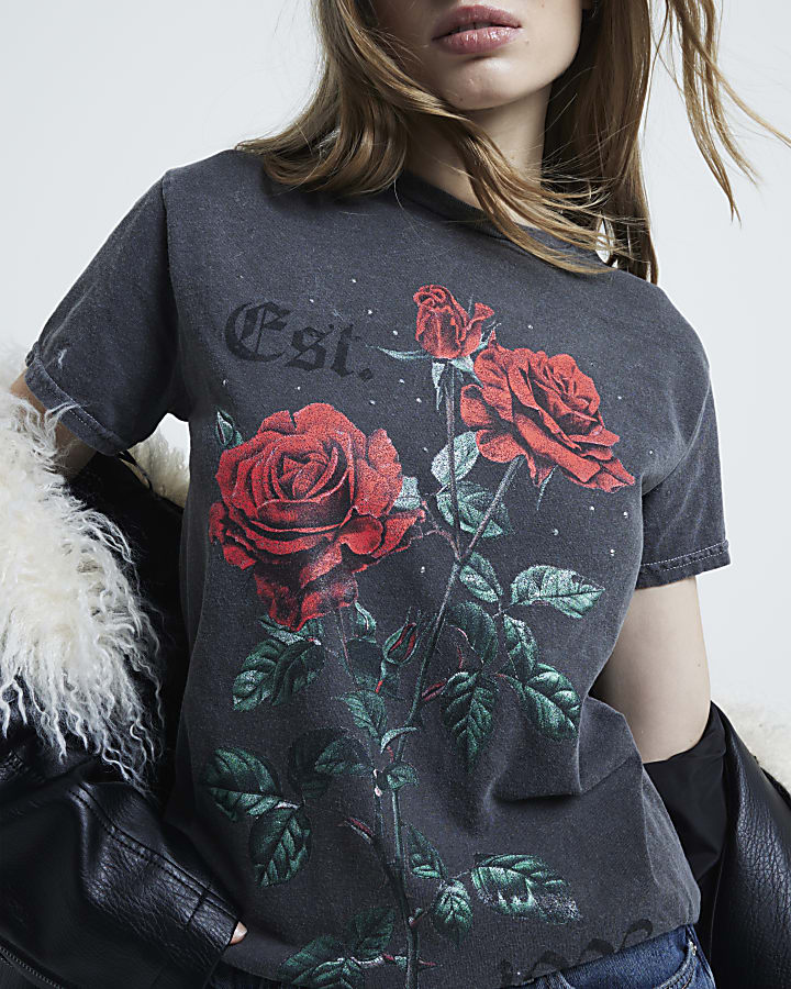 Grey Rock Rose Studded T-Shirt