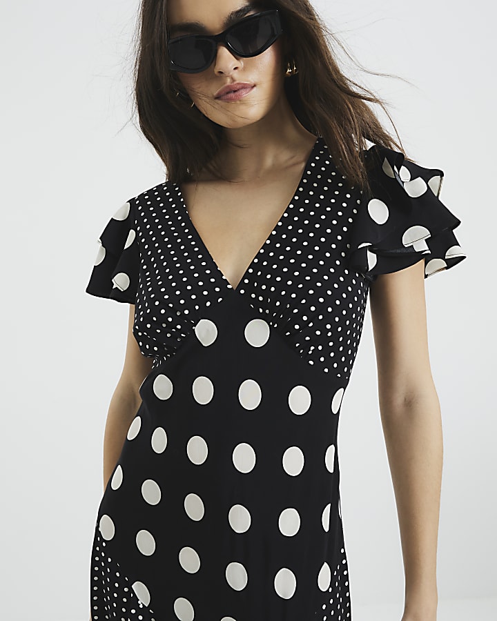 Black Sleeveless Spot Mix Ruffle Maxi Dress