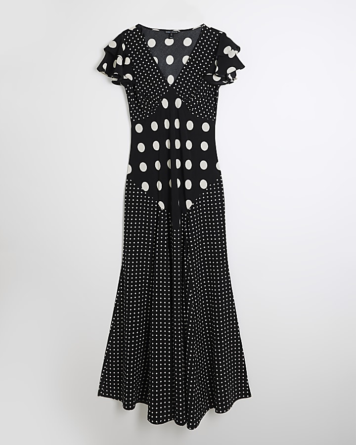 Black Sleeveless Spot Mix Ruffle Maxi Dress