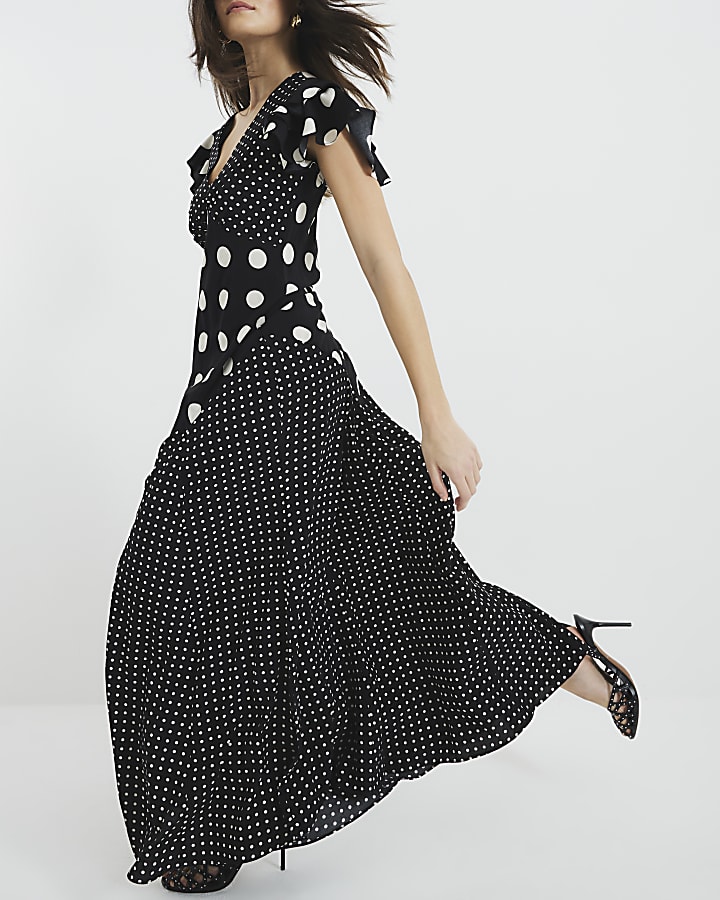 Black Sleeveless Spot Mix Ruffle Maxi Dress