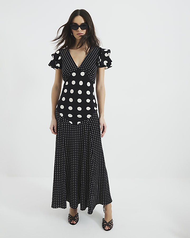 Black Sleeveless Spot Mix Ruffle Maxi Dress