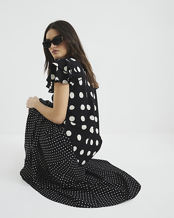 Black Sleeveless Spot Mix Ruffle Maxi Dress