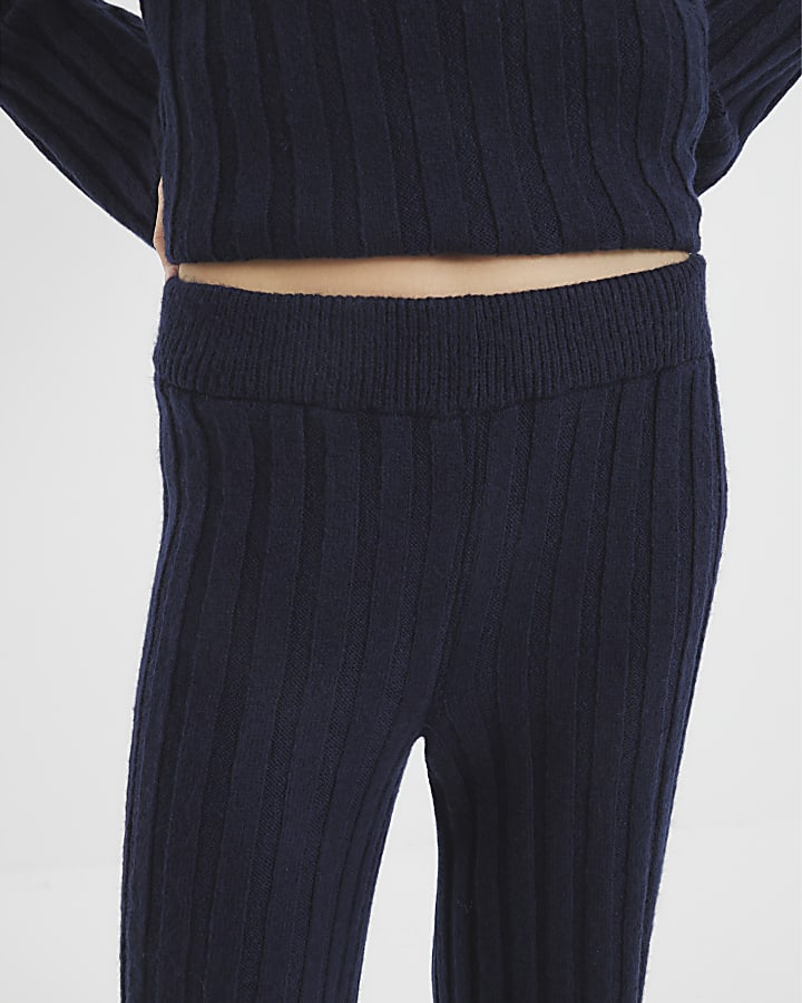 Navy Ribbed Flared Trousers