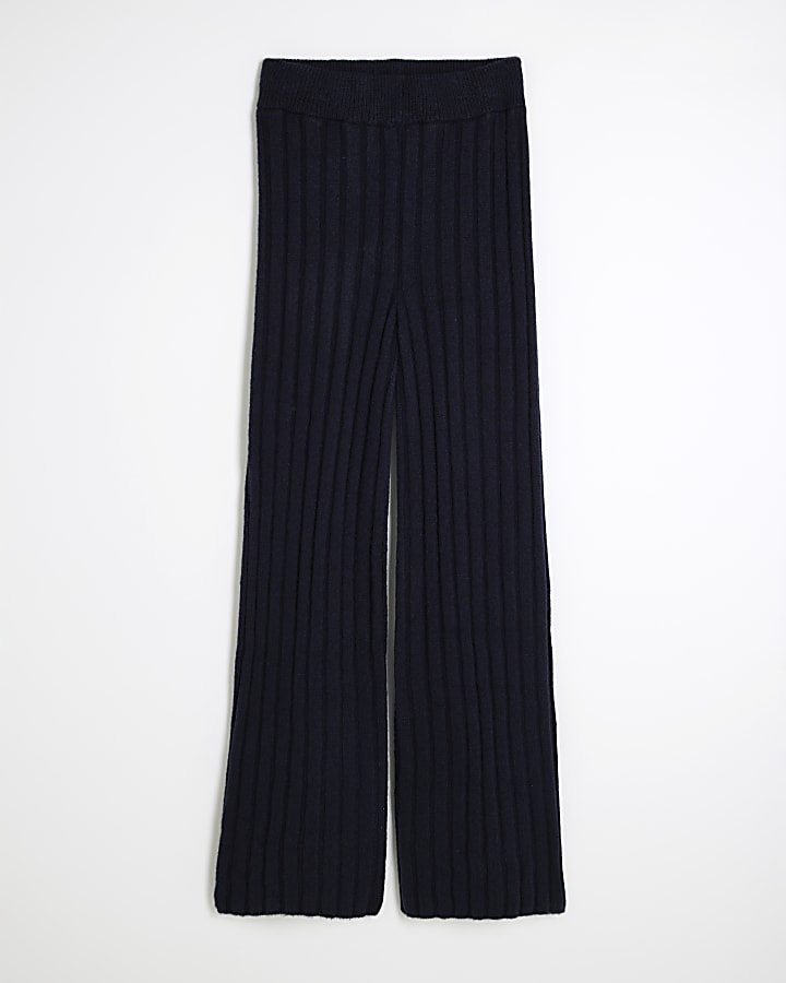 Navy Ribbed Flared Trousers