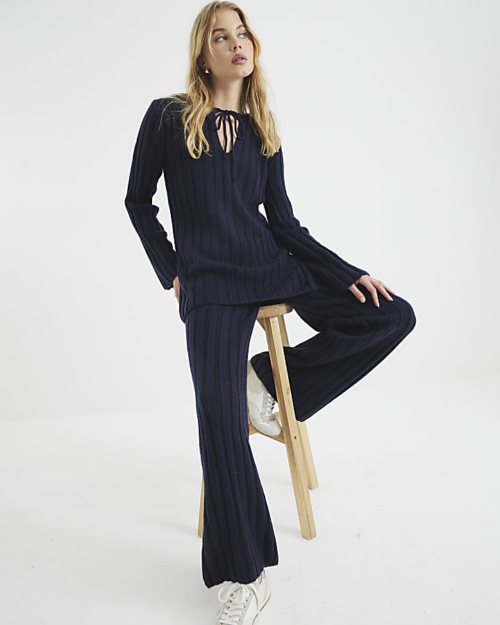 Navy Ribbed Flared Trousers