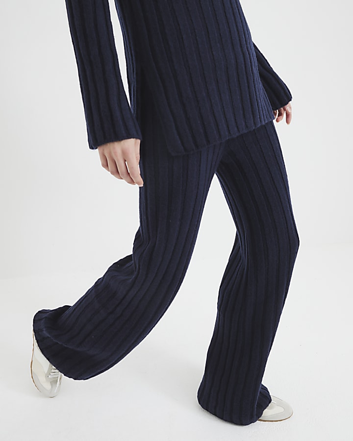 Navy Ribbed Flared Trousers