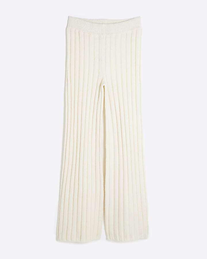 Cream Ribbed Flared Trousers