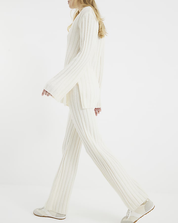 Cream Ribbed Flared Trousers