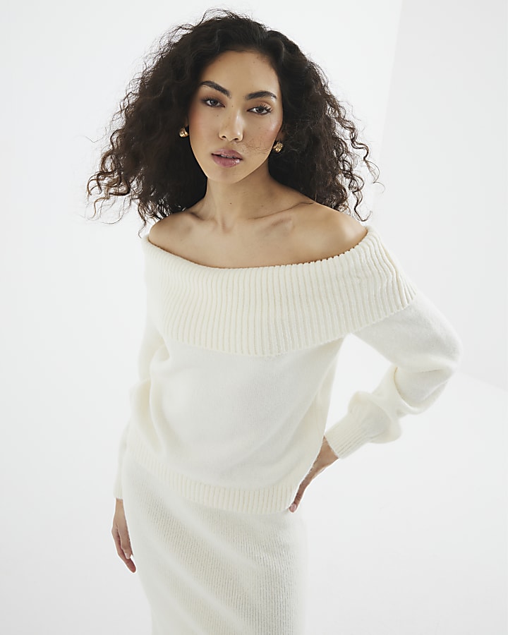 Cream Long Sleeve Bardot Knit Top