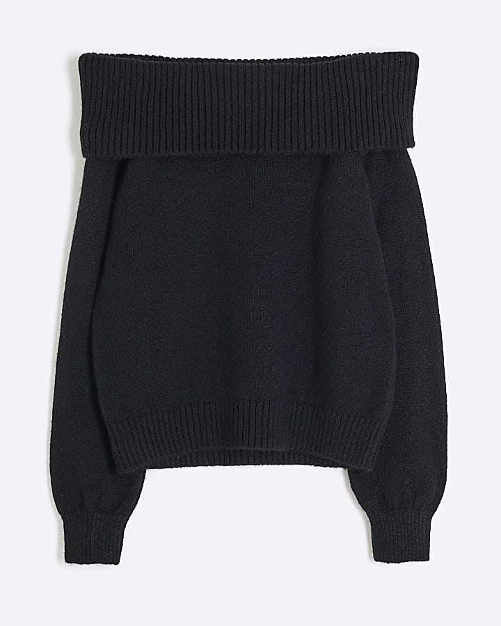 Black Long Sleeve Bardot Knit Top