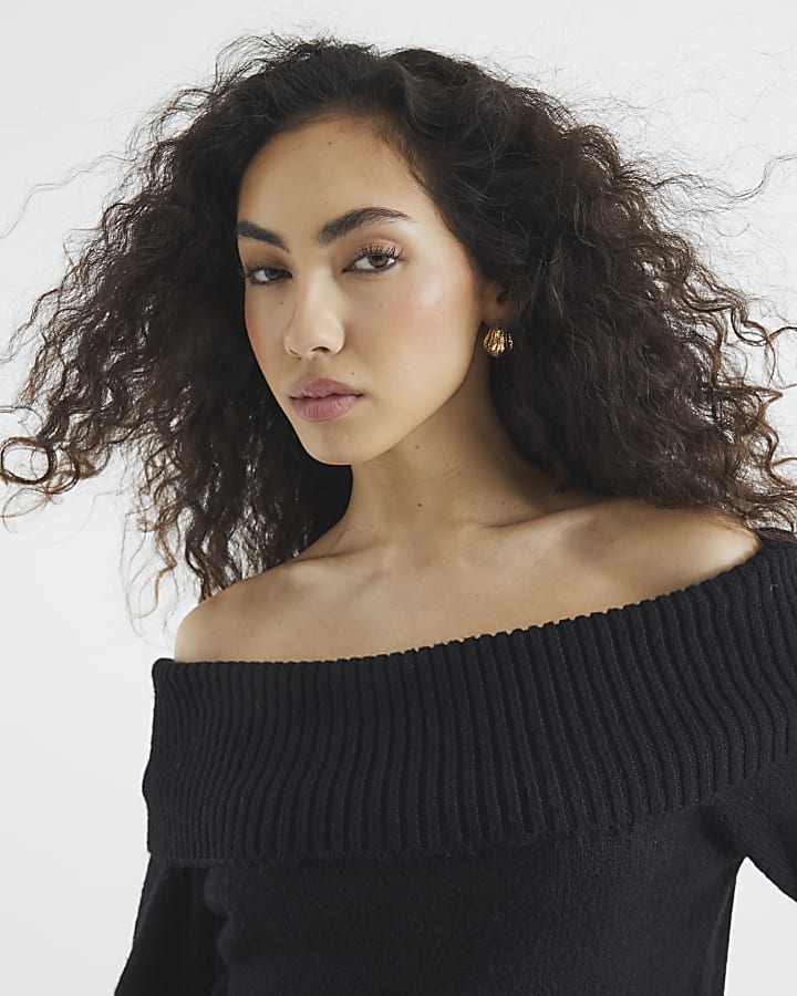 Black Long Sleeve Bardot Knit Top