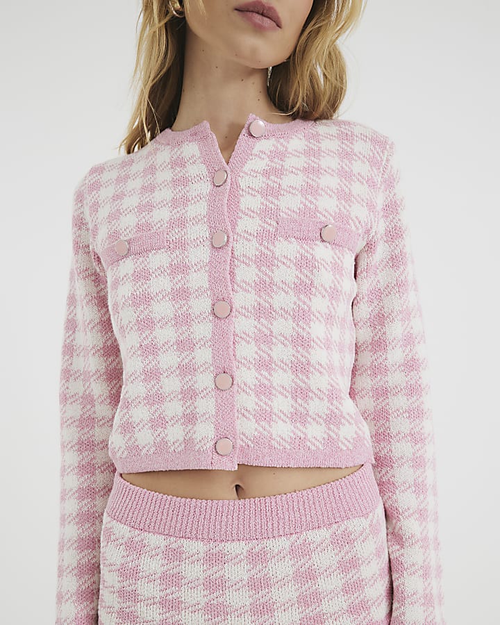 Pink Check Print Knit Cardigan